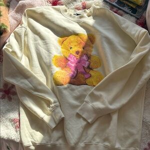 Forever 21 Cream Ribbed Collar Sweatshirt with Teddy bear
